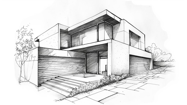 Contemporary architectural sketch with pencil and markers of a facades house