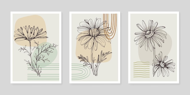 Contemporary art flowers posters in trendy colors Abstract hand drawing flowers and geometric elements and strokes leaves and flower