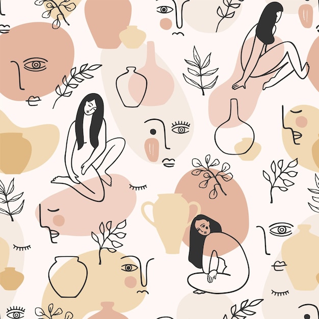 Contemporary art seamless pattern with women Line art Modern design