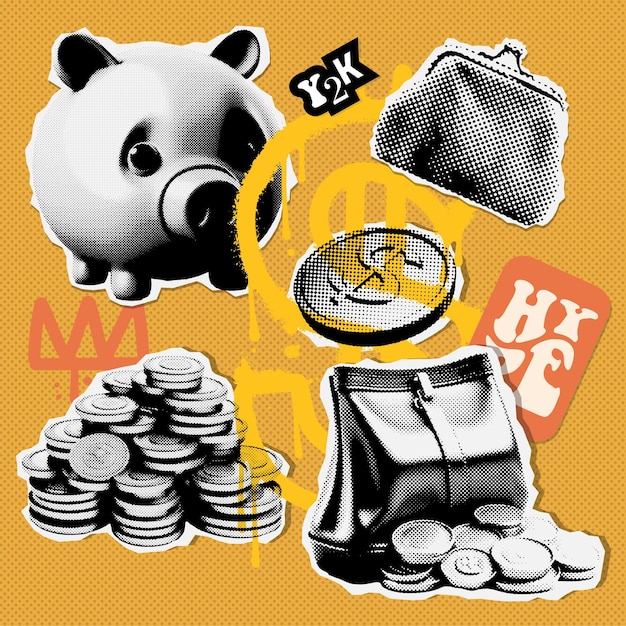 Contemporary collage elements set with coins money piggy bank and retro purses grunge paper stickers