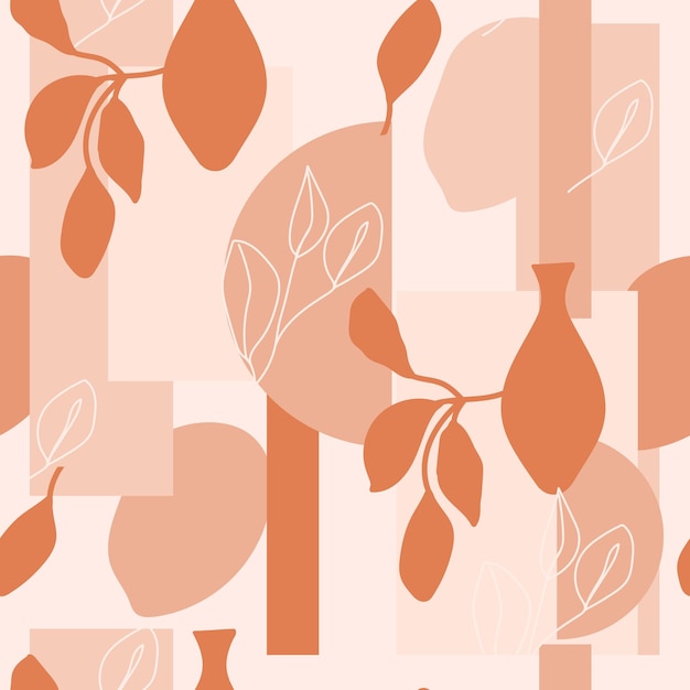 Contemporary collage seamless pattern Terracotta abstract shapes and tropical leaves