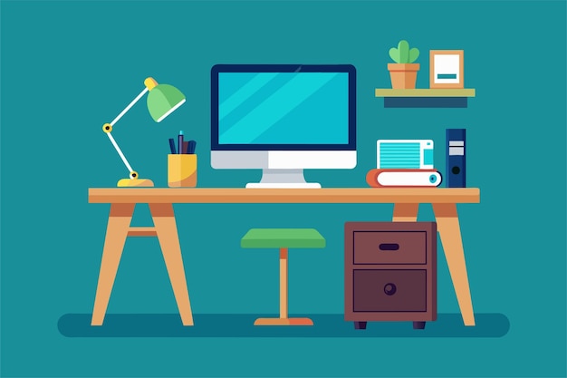 A contemporary desk with a computer lamp and plant creates an inspiring work environment for productivity A modern desk with a computer and flat illustration