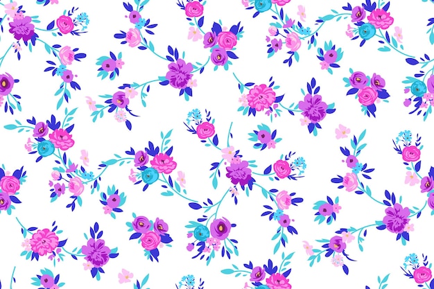 Contemporary floral print with small meadow flowers on lea for digital background and textile in ditsy style ornate vector template