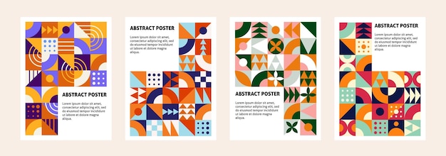 Contemporary geometric banners Abstract bauhaus posters artwork tiles with diverse shapes Minimal creative grid colorful graphic garish vector cards