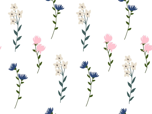 Contemporary hand drawn floral pattern with botanical elements Collection with wild flowers branch