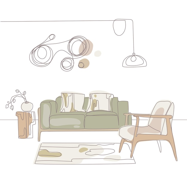 Contemporary modern interior hand drawing vector. living room in minimalist  Japandi style