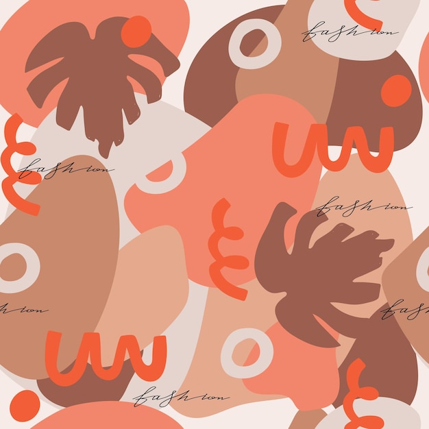 Contemporary terracotta seamless pattern Abstract shapes and tropical leaves