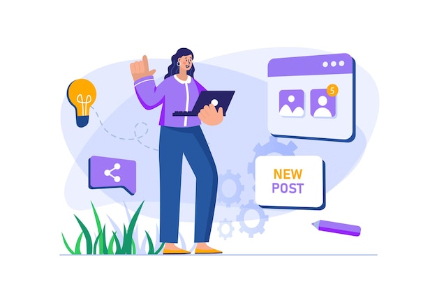 Content manager concept with people scene in flat design Woman generates new ideas