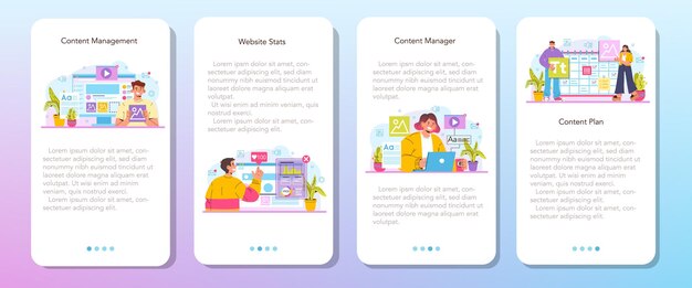 Content manager mobile application banner set. Idea of digital promotion strategy and content production. Content plan development and website statistic monitoring. Flat vector illustration