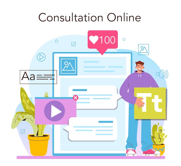 Content manager online service or platform. Digital promotion and content production. Content plan development. Online consultation. Flat vector illustration