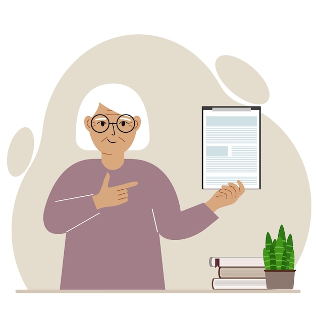 Contented grandmother holding a clipboard with a document and points his finger at it. Vector