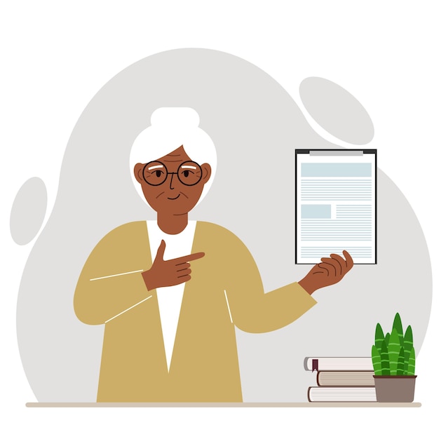 Contented grandmother holding a clipboard with a document and points his finger at it. Vector