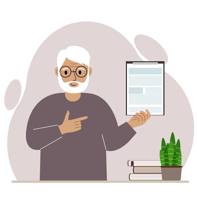 Contented man holding a clipboard with a document and points his finger at it. Vector