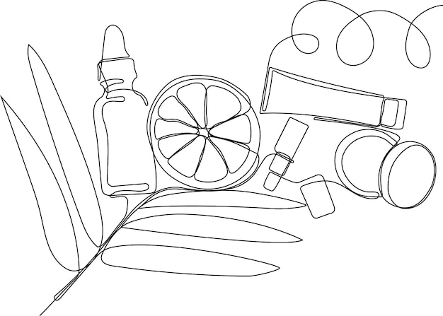 Continuous drawing of one line of bottles with oil or honey or lemon or lime juice for scrubbing and