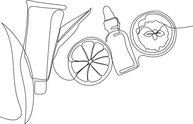 Continuous drawing of one line of bottles with oil or honey or lemon or lime juice for scrubbing and