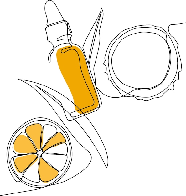 Continuous drawing of one line of bottles with oil or honey or lemon or lime juice for scrubbing and