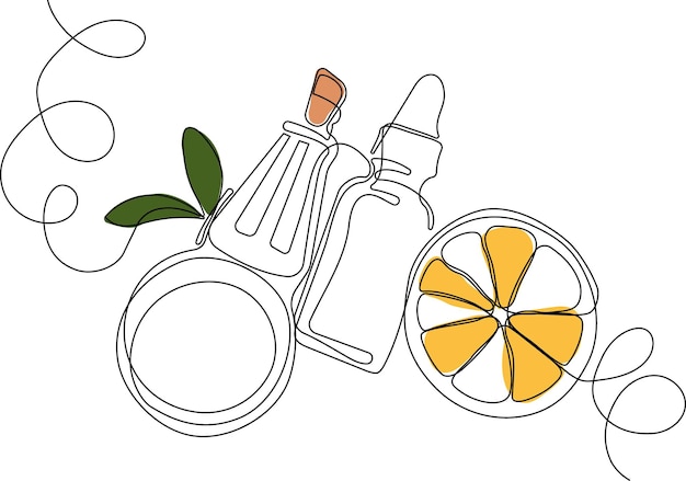 Continuous drawing of one line of bottles with oil or honey or lemon or lime juice for scrubbing and