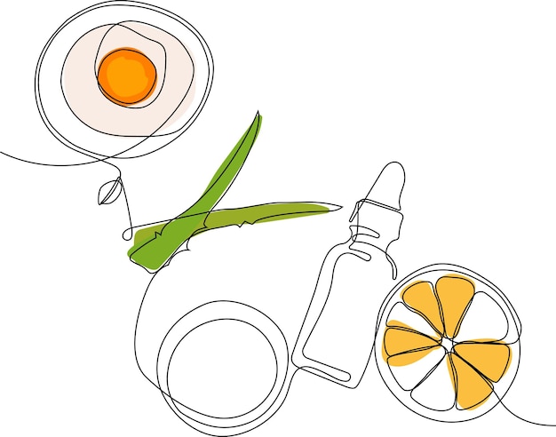 Continuous drawing of one line of bottles with oil or honey or lemon or lime juice for scrubbing and