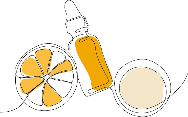 Continuous drawing of one line of bottles with oil or honey or lemon or lime juice for scrubbing and