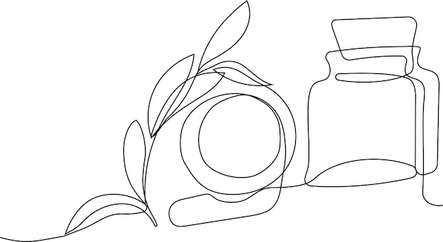 Continuous drawing of one line of bottles with oil or honey or lemon or lime juice for scrubbing and