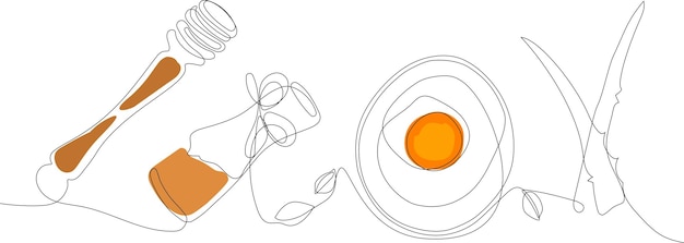 Continuous drawing of one line of bottles with oil or honey or lemon or lime juice for scrubbing and