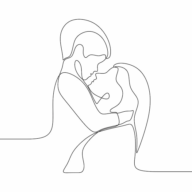 continuous drawing single line art illustration young mother with baby