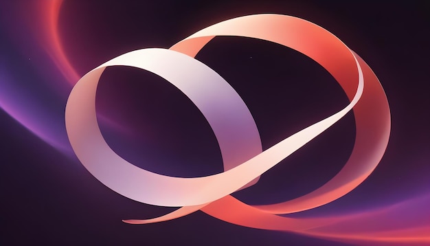 A continuous flowing ribbon intertwined with itself forming an abstract shape against a background of purple and orange gradients