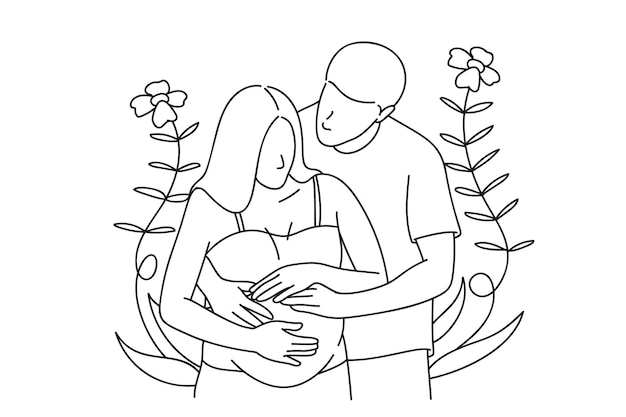 Continuous line art drawing of pregnant woman and her husband hugging each other