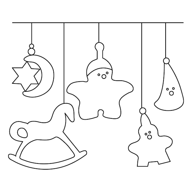 Continuous line art hanging Christmas gift box star love hat bell and sock decoration vector