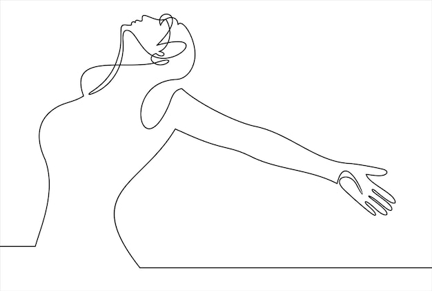 Continuous line art or One Line Drawing of a woman stretching arms is relaxing