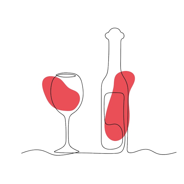 Continuous line art wine bottle and glass of red wine Vector illustration in one line style