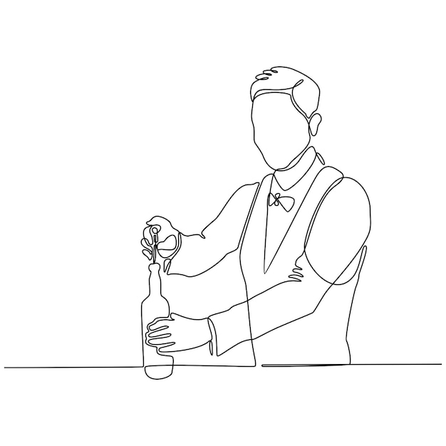 Continuous line of bartender opening wine bottle vector