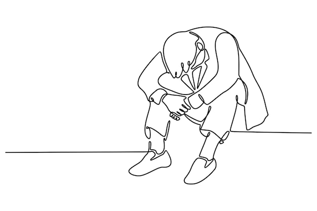 Continuous line of boss sitting looking down dizzy facing solid work vector illustration