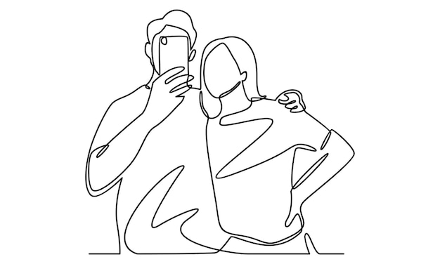 Continuous line of boy selfie with girl illustration