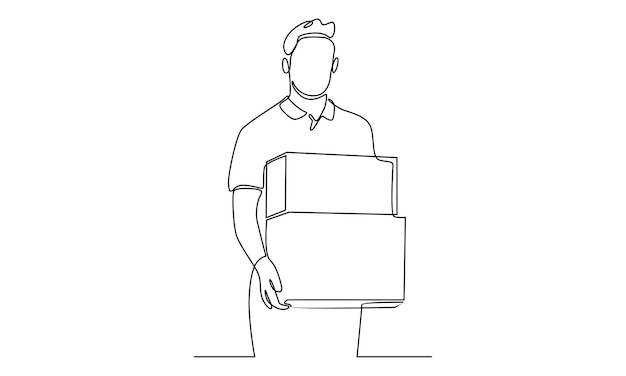 Continuous line of delivery man standing with carton box packages