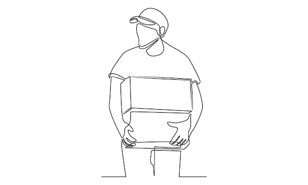 Continuous line of delivery man standing with carton box packages