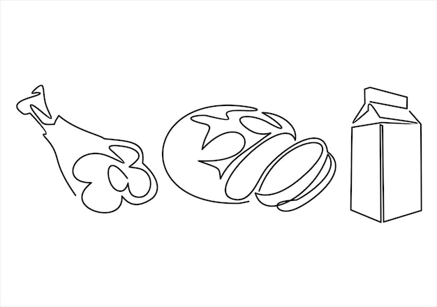 continuous line draw vector illustration-pork ham, bread and a pack of milk