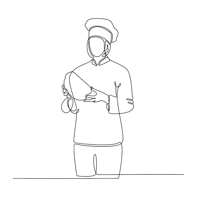 Continuous line drawing of baker woman carrying bread vector illustration