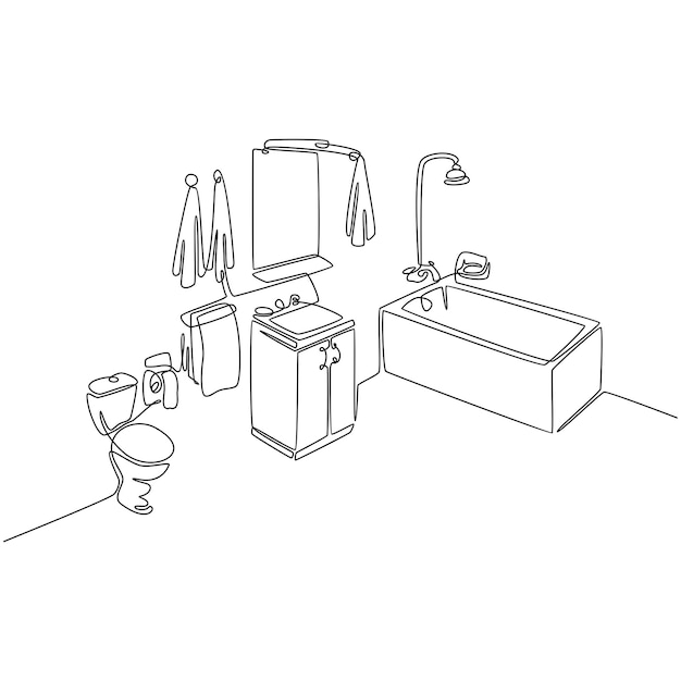 Continuous line drawing of bathroom set vector illustration