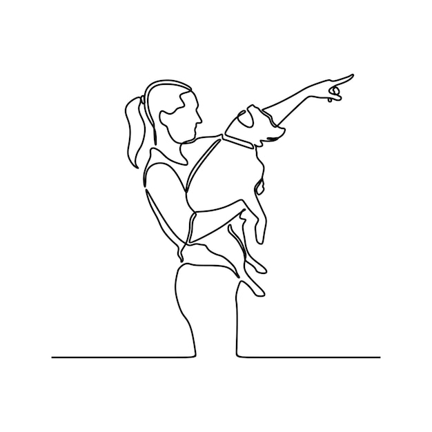 continuous line drawing of beautiful woman portrait with dog 