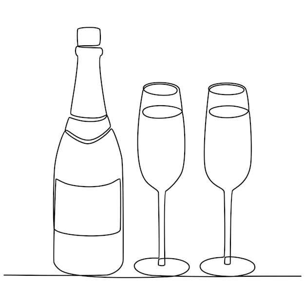 Continuous line drawing of beer bottle and glass vector illustration