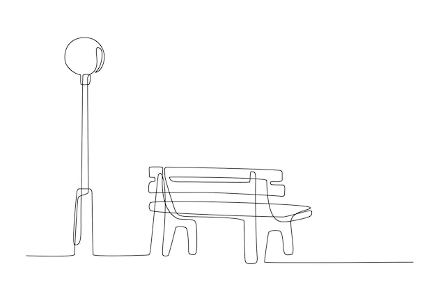 Continuous line drawing of Bench and lantern in park Line art style One line minimalism style drawing Wooden outdoor furniture for relax Single line illustration Handdraw doodle vector