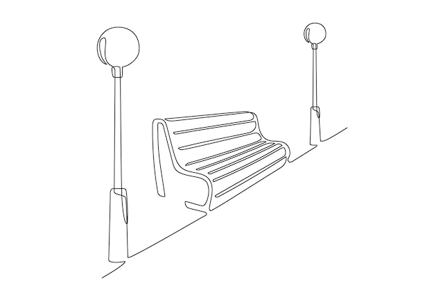 Continuous line drawing of Bench and lantern in park perspective view Line art One line minimalism style drawing Wooden outdoor furniture for relax Single line illustration Handdraw doodle vector