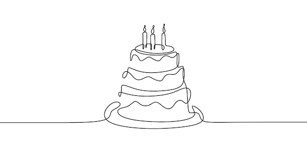 Continuous line drawing Birthday cake with three candles Symbol of celebration isolated on white background