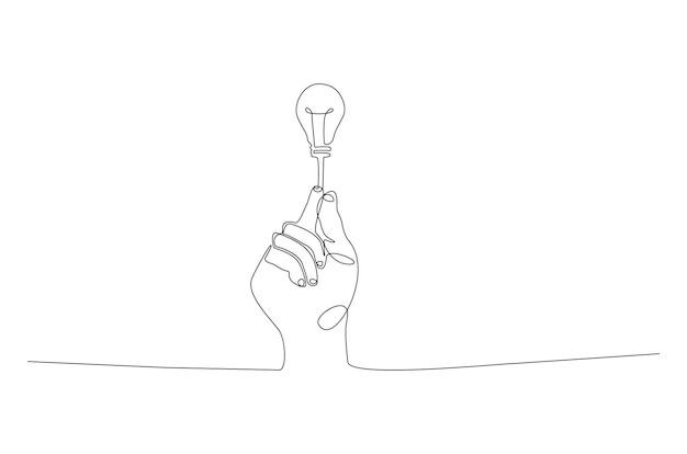 Continuous line drawing of bulb idea on hand creative media symbol vector Premium Vector