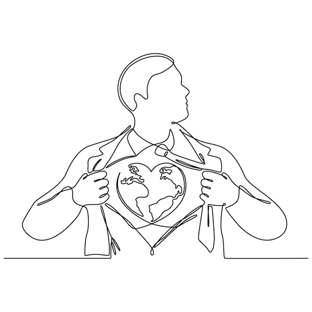 continuous line drawing of a business man tearing his shirt showing his costume chest underneath