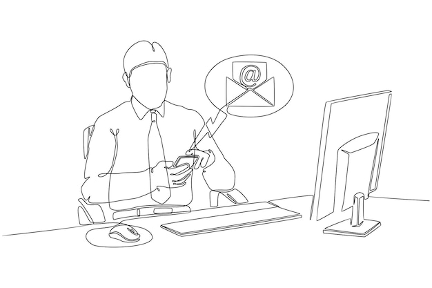 continuous line drawing of businessman at computer opening hp view email vector illustration