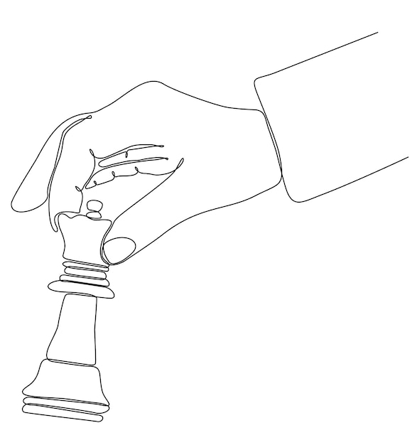 Continuous line drawing of businessman hands moving chess figures in competition success game.