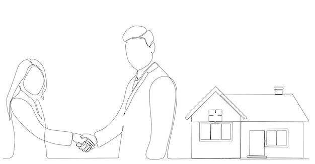 continuous line drawing businessman selling house business concept