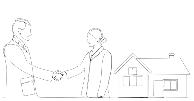 continuous line drawing businessman selling house business concept